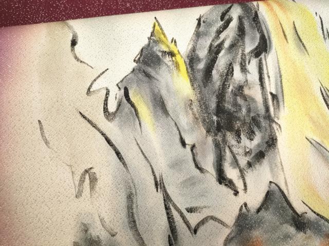 平和屋着物▼榎木孝明　太鼓柄袋帯　手描き　遠山文　銀通し地　正絹　逸品　AABF7904wj - Image 3