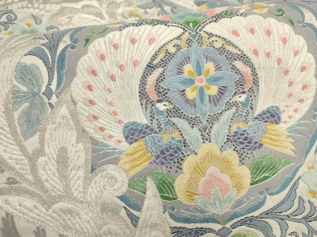 平和屋着物▼六通柄袋帯　唐織　王朝鏡裏　花鳥文　銀糸　正絹　逸品　AABF7918wj - Image 3