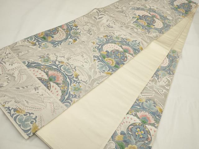 平和屋着物▼六通柄袋帯　唐織　王朝鏡裏　花鳥文　銀糸　正絹　逸品　AABF7918wj - Image 5