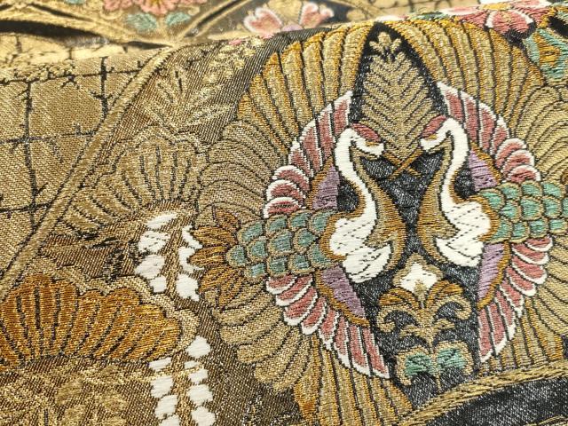 平和屋着物▼六通柄袋帯　松竹梅　向かい鶴　黒地　金糸　正絹　逸品　AABF7931wj - Image 3