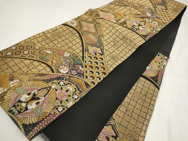 平和屋着物▼六通柄袋帯　松竹梅　向かい鶴　黒地　金糸　正絹　逸品　AABF7931wj - Image 4