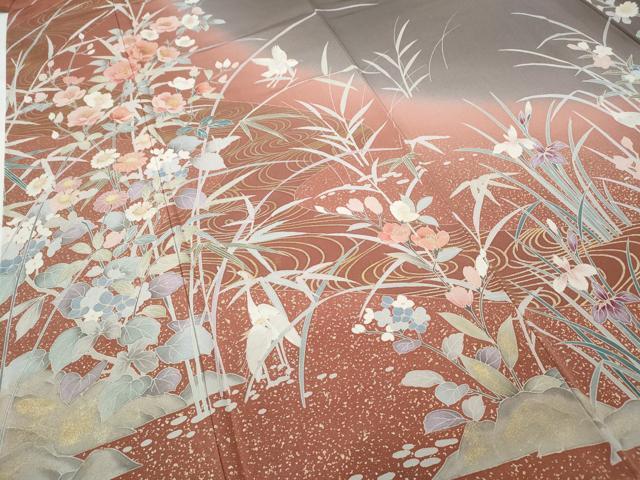 平和屋着物●訪問着　鷺流水草花文　金彩　正絹　逸品　CABD0221ut - Image 4