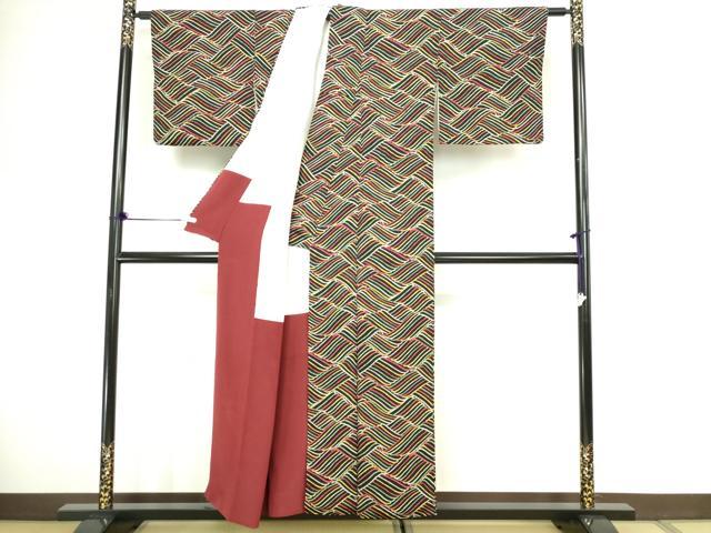 平和屋着物■上質な小紋　立波文　黒地　正絹　逸品　DABC0450sf - Image 3