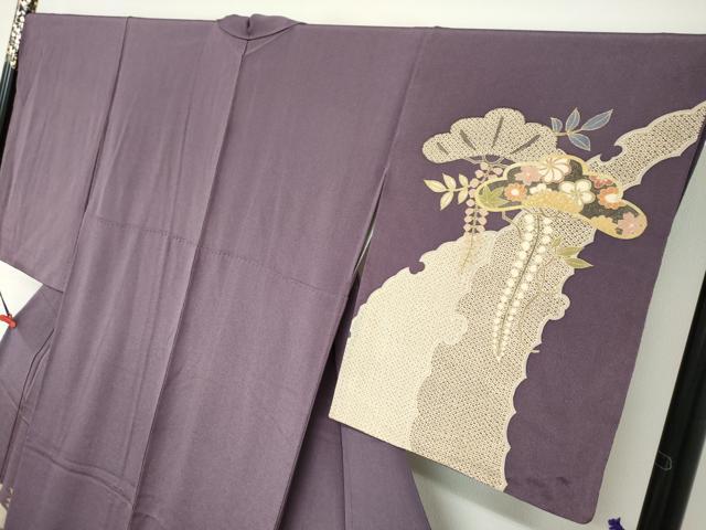 平和屋着物●訪問着　草花松文　金彩　鬼しぼ縮緬　正絹　逸品　DABC2079ud - Image 3