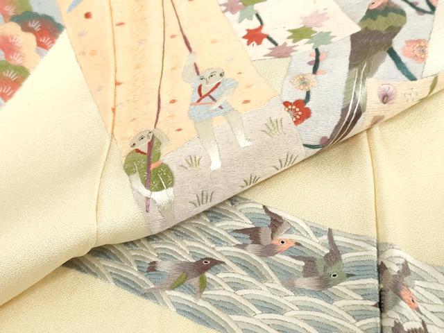 平和屋着物▼訪問着　総刺繍　短冊人物風景花鳥文　暈し染め　金糸　正絹　逸品　DABC2151ud - Image 7